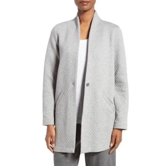 Eileen Fisher Organic Cotton Doubleknit Diamond Jacket Gray Quilted Coat Size L - Picture 1 of 9
